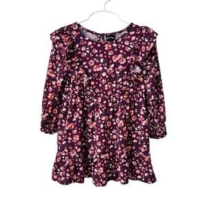 🐞3/$22 Art Class Dress Girls 2T Burgundy Floral Long Sleeve Ruffle Hem Smocked